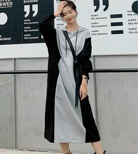 배색 후드 롱 원피스 캐주얼 데일리룩 MAIN_0 이미지